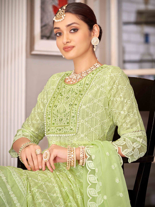 House of Pataudi Embroidered Chikankari Kurta with Trousers & Embroidered Dupatta