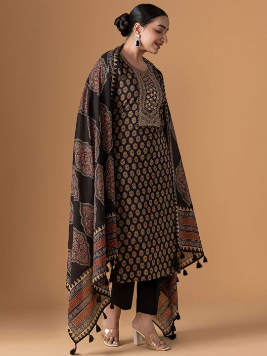 WOMEN PLUS Floral Printed Sequinned Pure Cotton Kurta With Trousers & Dupatta