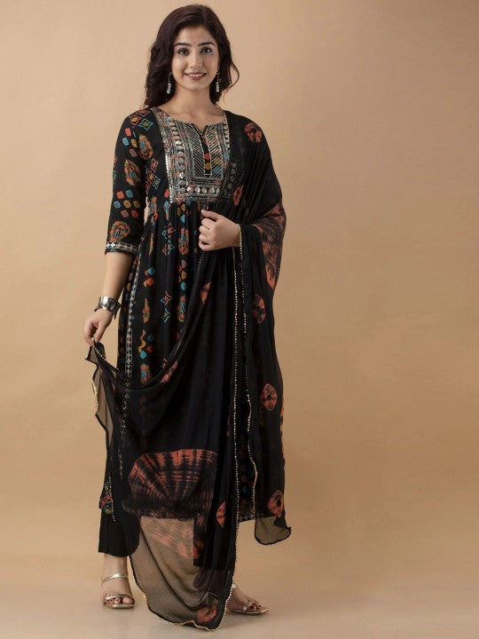 Anushansa Floral Printed Notch Neck Sequinned Straight Kurta