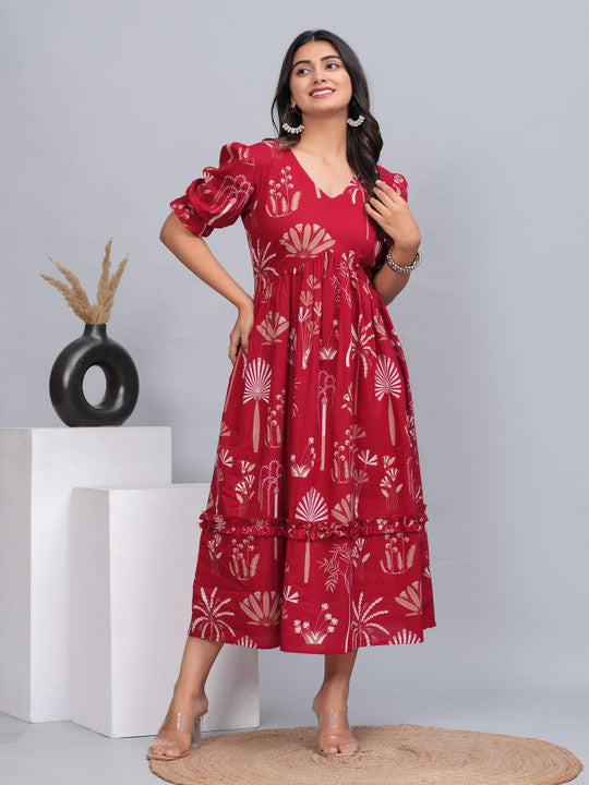 CTMTEX Women Floral Printed V-Neck Empire Ethnic Dress