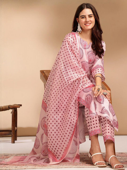 Ethnic basket Women Pink Cotton Blend Kurta Sets With Dupatta