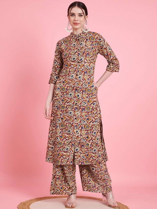 Vbuyz Floral Printed Mandarin Collar Kalamkari Straight Top With Palazzos