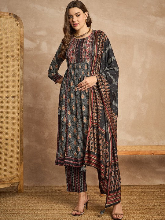 CHETI Women Floral Embroidered Regular Mirror Work Kurta with Trousers & With Dupatta