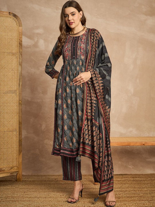 CHETI Women Floral Embroidered Regular Mirror Work Kurta with Trousers & With Dupatta