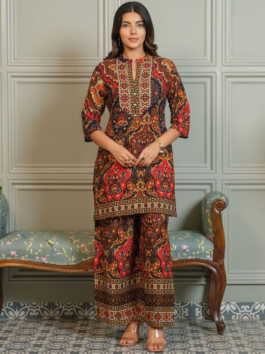 AUTUMN LANE Tashvika Lava Printed Mandarin Collar Pure Cotton Tunic With Palazzo Co-Ords