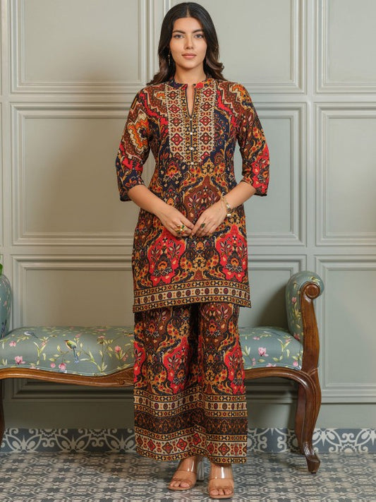 AUTUMN LANE Tashvika Lava Printed Mandarin Collar Pure Cotton Tunic With Palazzo Co-Ords