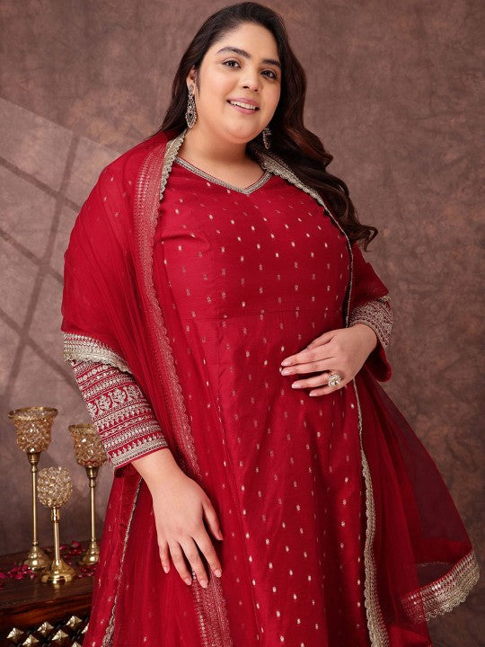 INDDUS PLUS Woven Design V Neck A Line Chanderi Silk Kurta