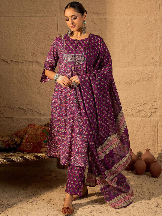 Indo Era Women Floral Printed Regular Pure Cotton Straight Kurta with Trousers & Dupatta