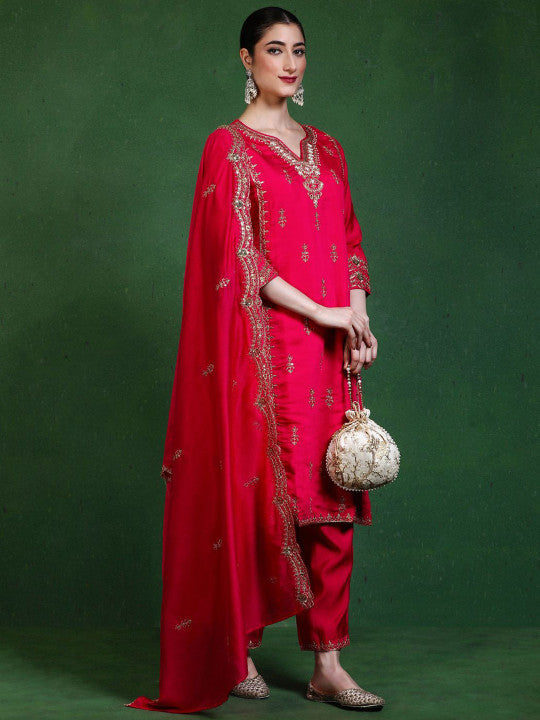 Jaipur Kurti Women Floral Embroidered Kurta with Trousers & Dupatta