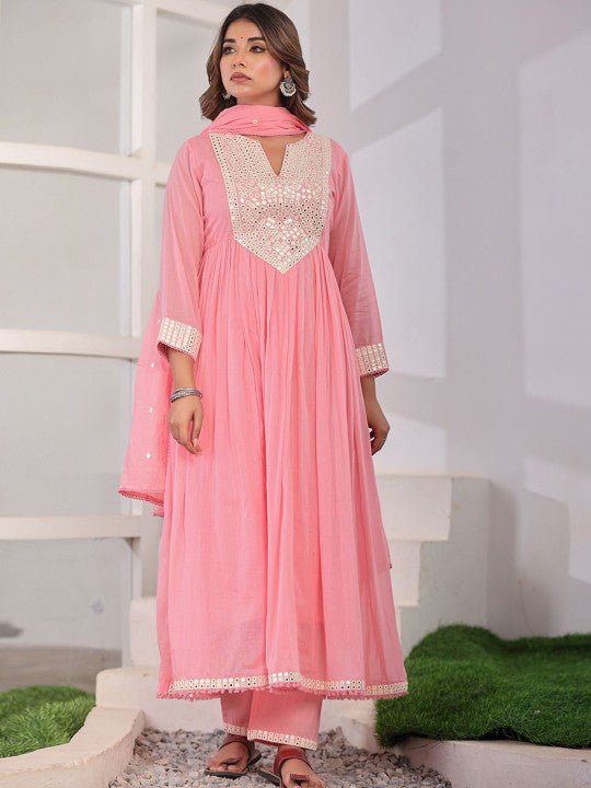 CHETI Geometric Yoke Design Pleated Mirror Work Anarkali Kurta With Trousers & Dupatta