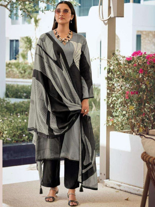 Floral Printed V-Neck Straight Thread Work Kurta With Trousers & Dupatta
