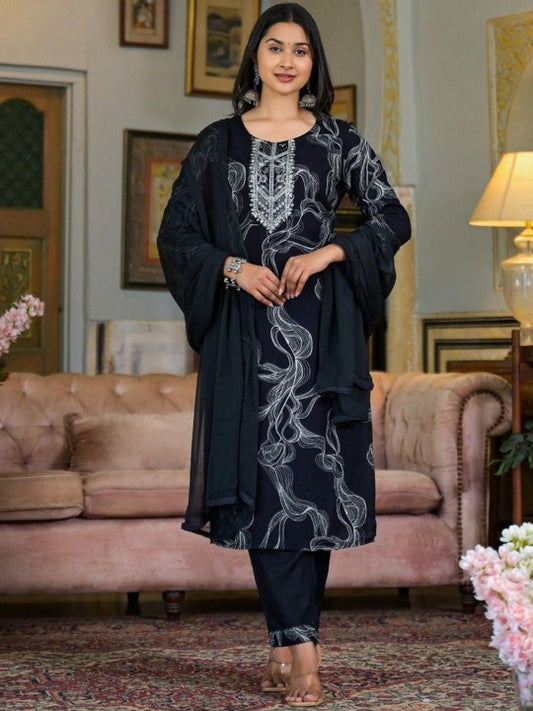 INDYES Women Printed Thread Work Kurta with Trousers &  Dupatta