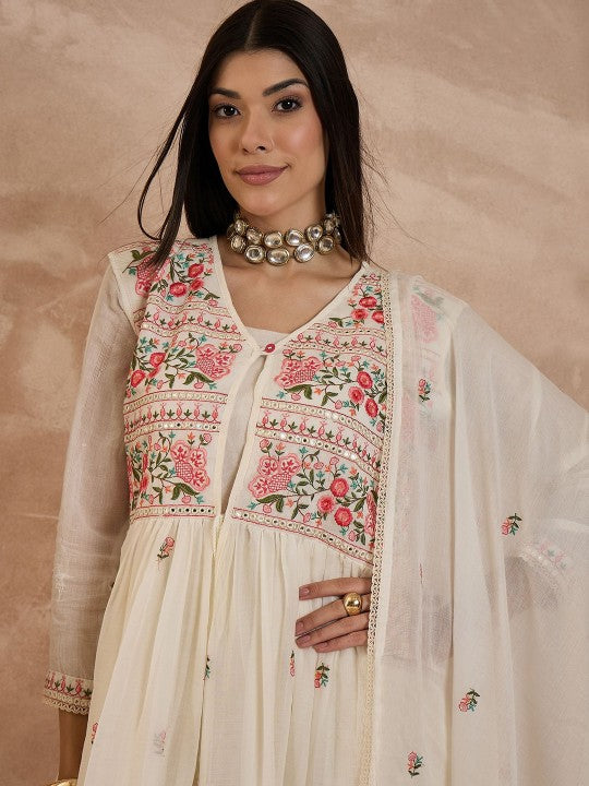 CHETI Floral Embroidered Pleated Thread Work Kurta With Trousers & Dupatta