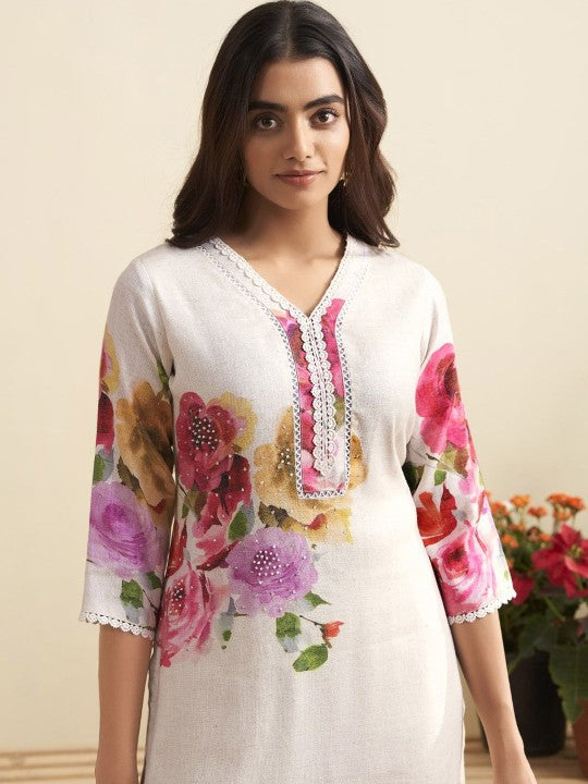 AUTUMN LANE Lisba Lily Floral Printed Pure Cotton Straight Kurta With Trouser & Dupatta
