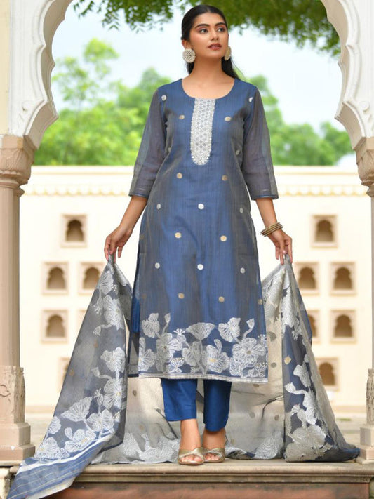 VAASVA JAIPUR Women Woven Design Regular Thread Work Kurta with Trousers & Dupatta