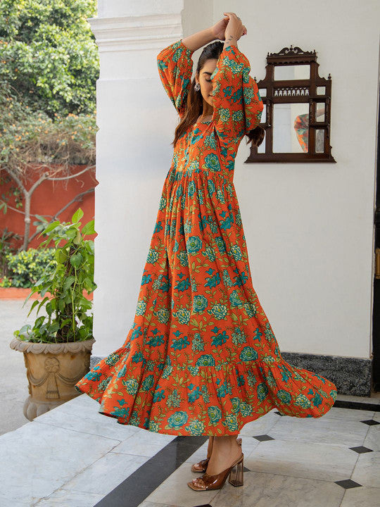 Floral Printed Pure Cotton Gathered Ethnic Dress