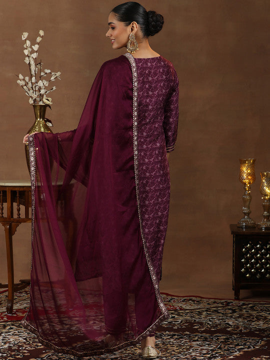 Floral Woven Design Gotta Patti Straight Kurta With Trousers & Dupatta