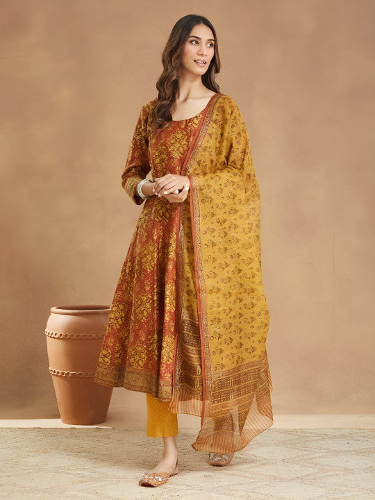 Fabindia Floral Printed Cotton Silk A-Line Kurta With Trousers & Dupatta