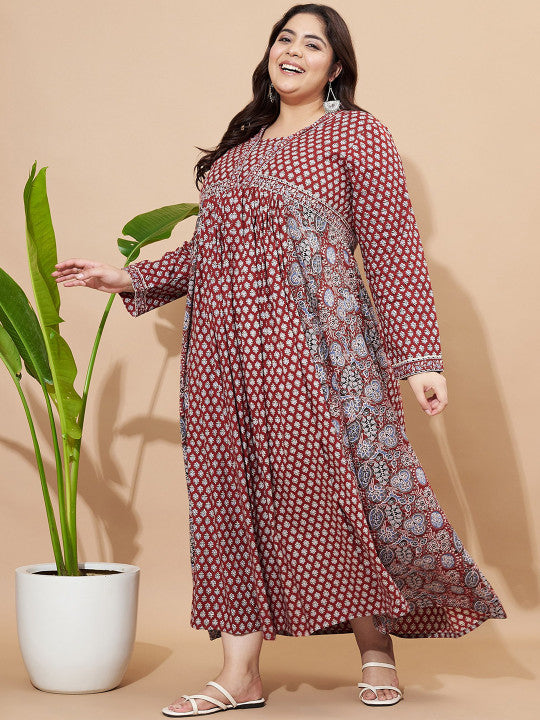Vbuyz Plus Floral Printed Square Neck Cotton Maxi Ethinic Dress