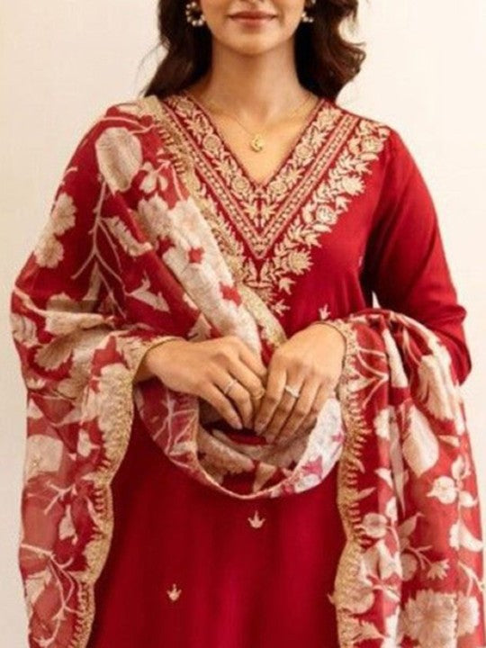 AUTUMN LANE Floral Embroidered V-Neck Pure Cotton Straight Kurta with Salwar & Dupatta