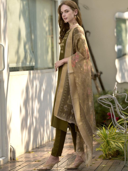 ZIRVI Women Yoke Design Regular Kurta with Trousers & With Dupatta