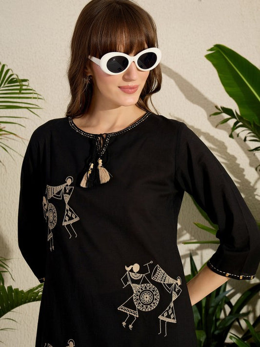 Indo Era Embroidered Round Neck Straight Pure Cotton Kurta & Trousers