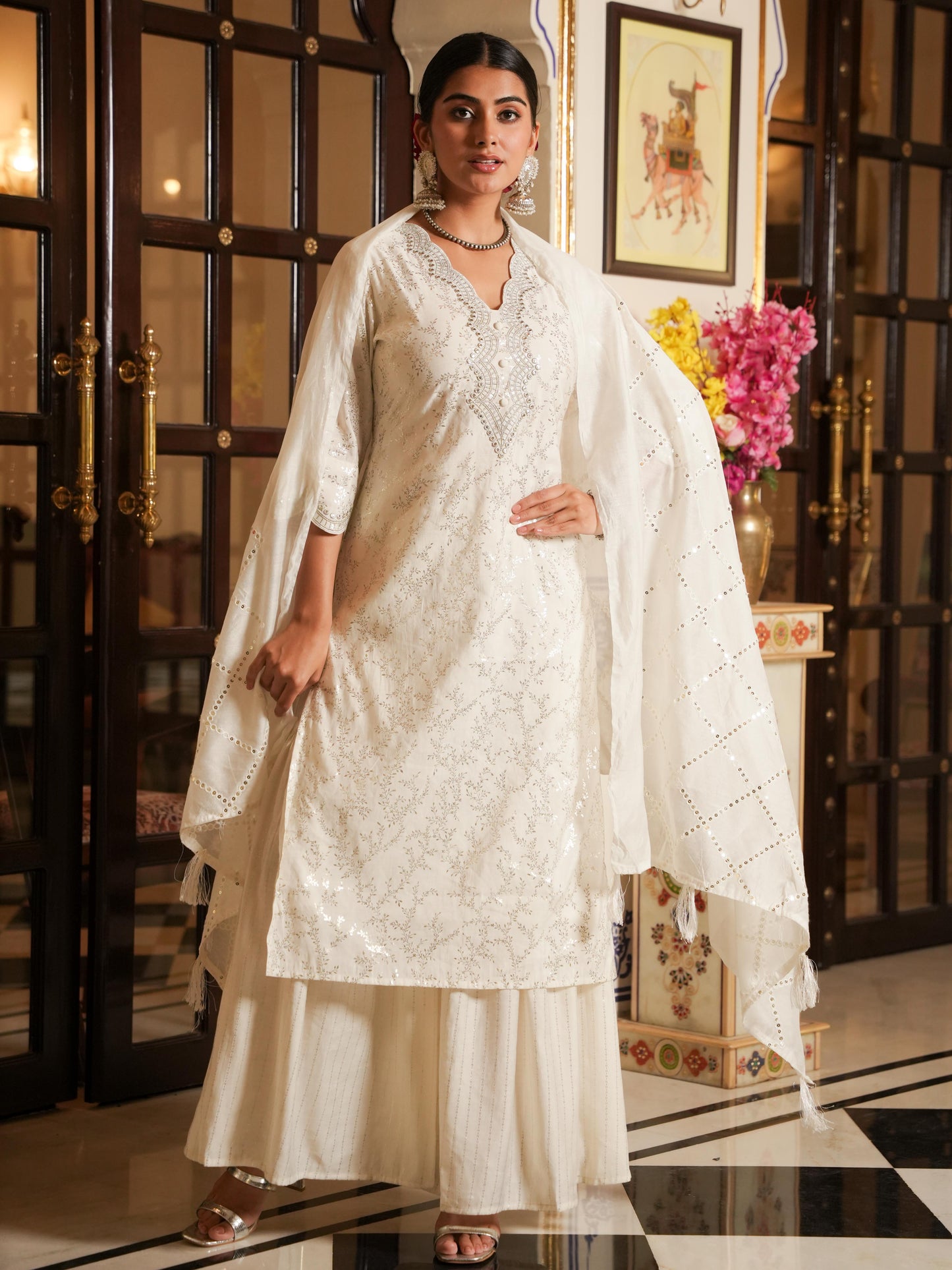 Embroidered Chanderi Gold foil Straight White Kurta