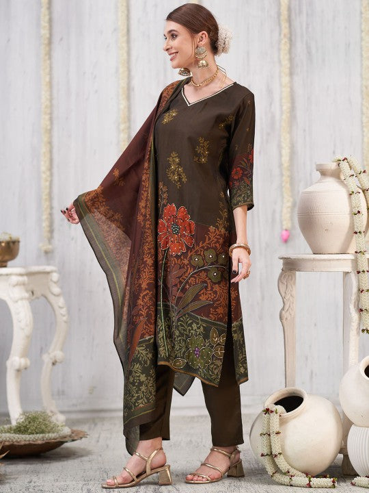 Anouk Women Floral Printed Regular Sequinned Chanderi Silk Kurta