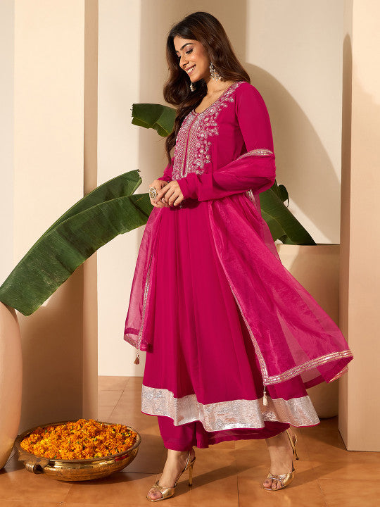 Inddus Floral Embroidered Anarkali Thread Work Kurta With Palazzos & Dupatta