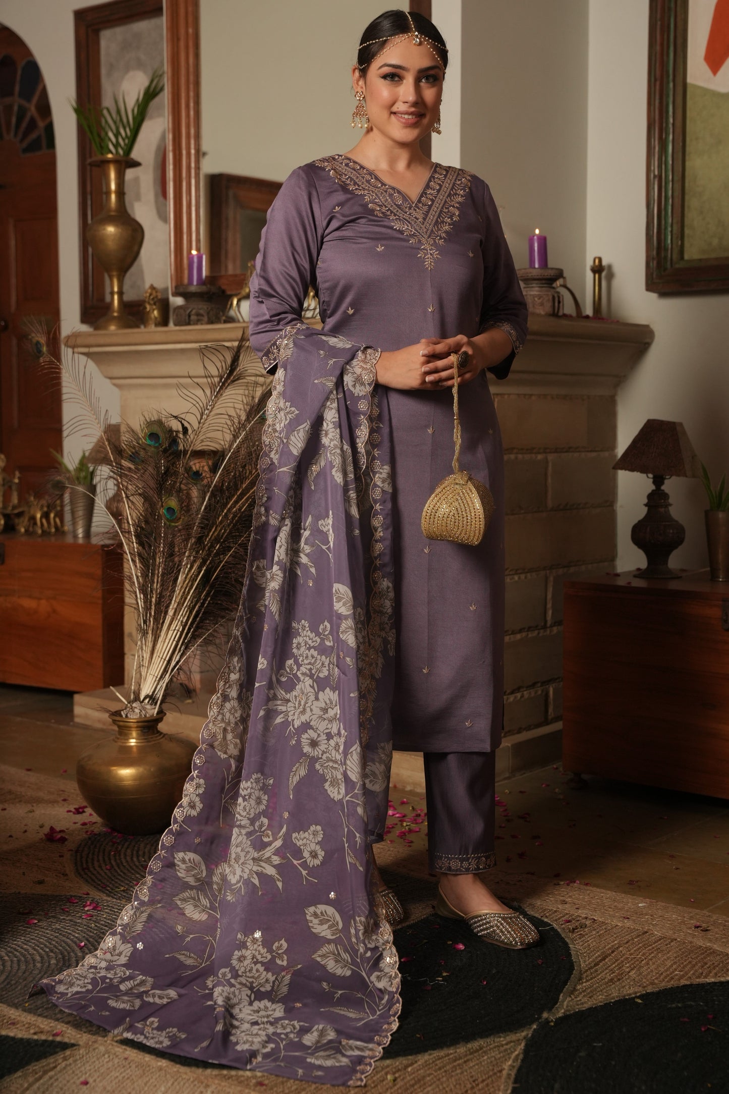 Embroidered Poly Silk Purple Kurta