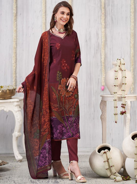 Anouk Floral Printed V-Neck Sequinned Chanderi Silk Kurta