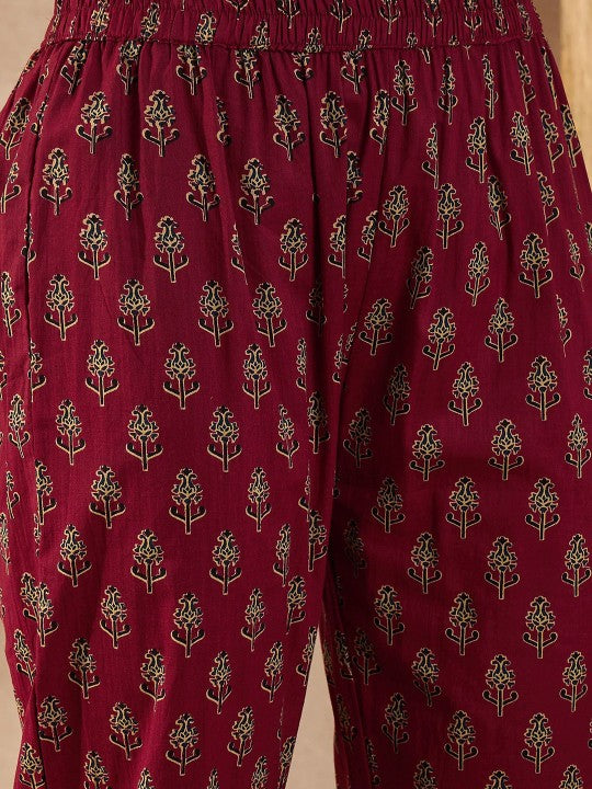 all about you Ethnic Motif Printed Beads & Stones Pleated Kurta With Trouser & Dupatta