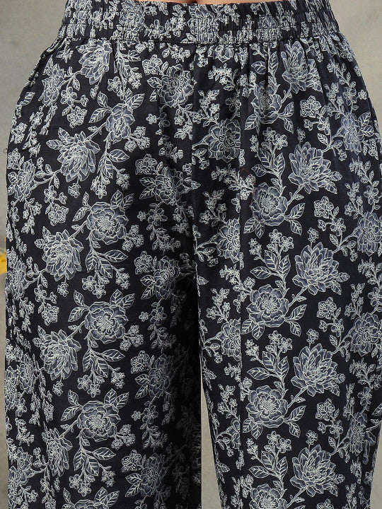 Yufta Floral Printed Sequinned Pure Cotton Kurta With Trousers & Dupatta
