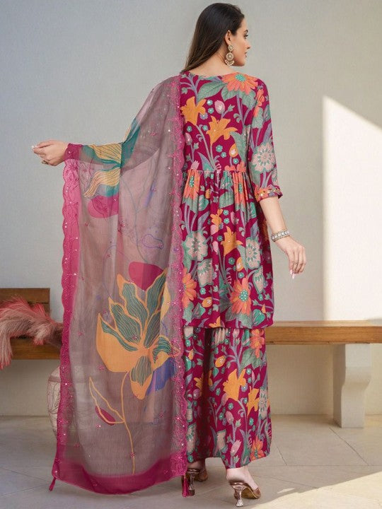 SZN Floral Printed V-Neck Empire Anarkali Kurta With Sharara & Dupatta