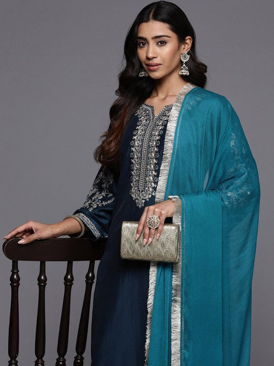 Varanga Floral Yoke Design Notch Neck Zari Straight Kurta