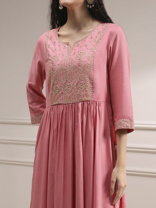 Biba Women Ethnic Motifs Embroidered Pleated Straight Kurti with Palazzos & With Dupatta