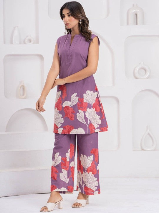 AUTUMN LANE Printed Pure Cotton Round Neck Top With Trousers Co-Ords Set