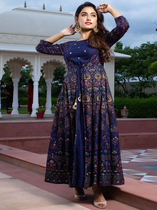 ftDiva Floral Printed Round Neck Fit & Flare Ethnic Dress