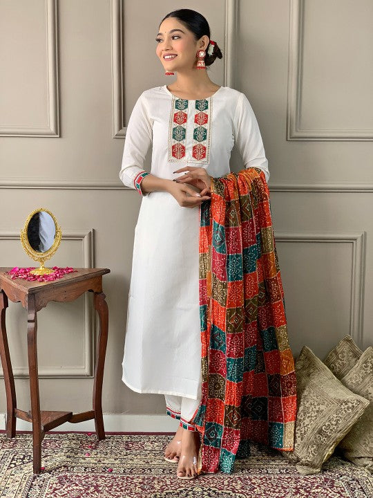 Embroidered Round Neck Kurta With Trousers & Dupatta