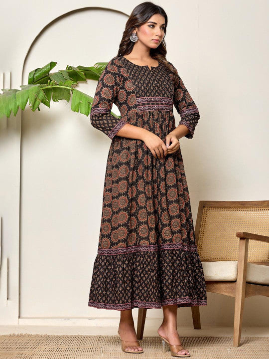ADAA JAIPUR Floral Printed Cotton Fit & Flared Maxi Ethnic Dress
