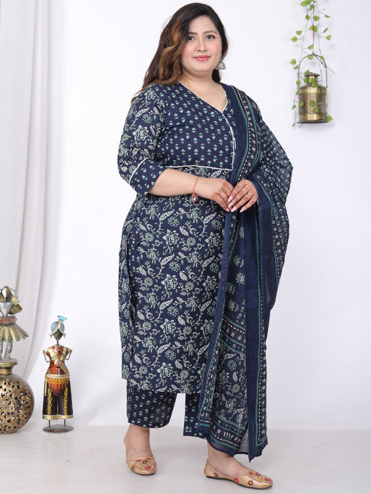 Swasti Plus Size Floral Printed V-Neck Pure Cotton Straight Kurta With Trouser & Dupatta