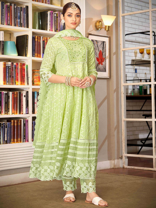 House of Pataudi Embroidered Chikankari Kurta with Trousers & Embroidered Dupatta