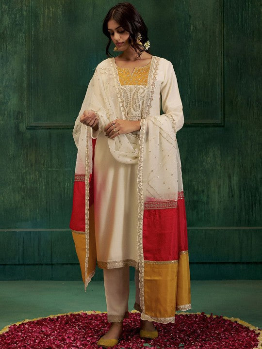 Jaipur Kurti Ethnic Motifs Embroidered Sequinned Kurta With Trousers & Dupatta