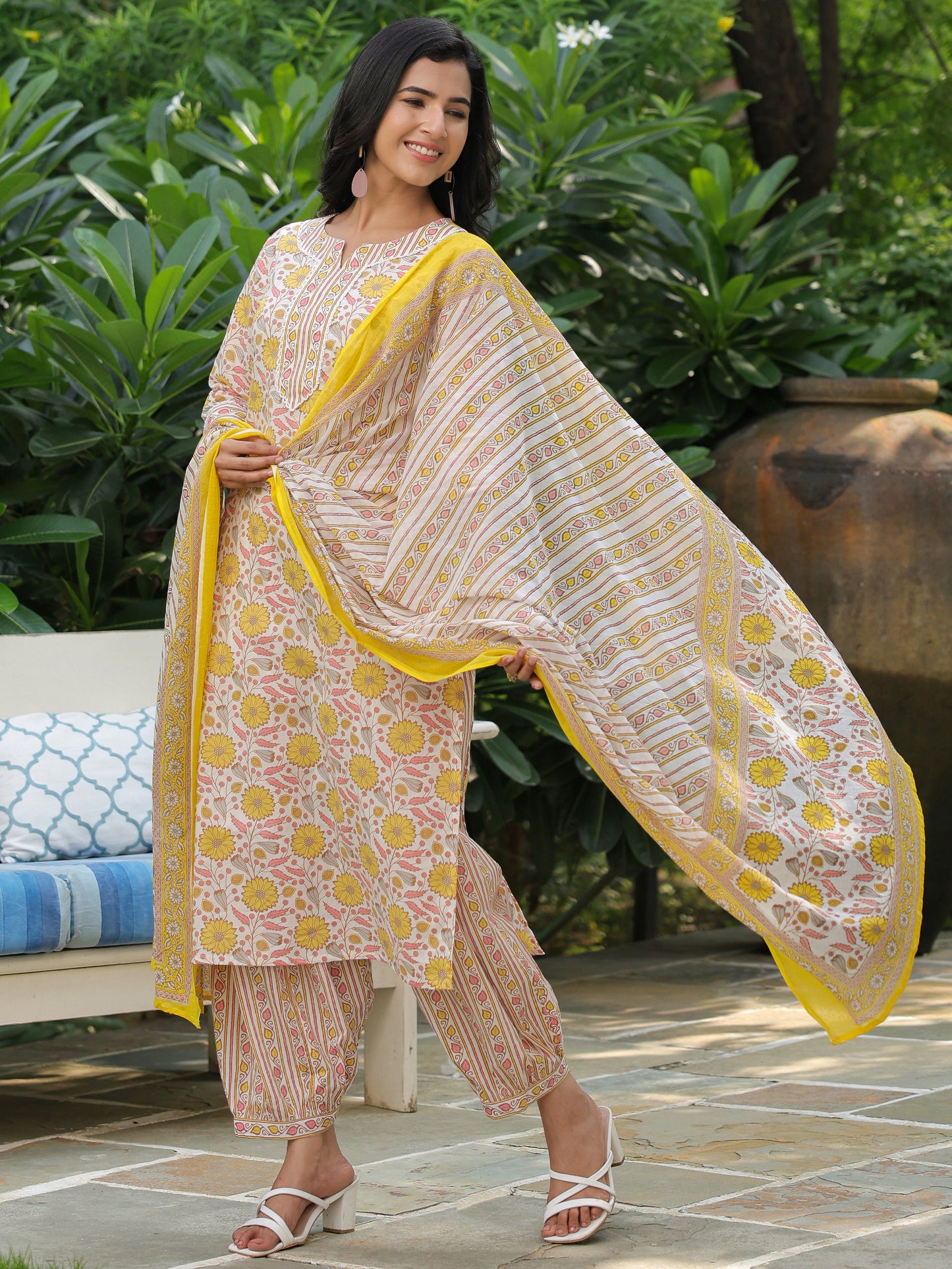 Voile Cotton Floral Yellow Dupatta