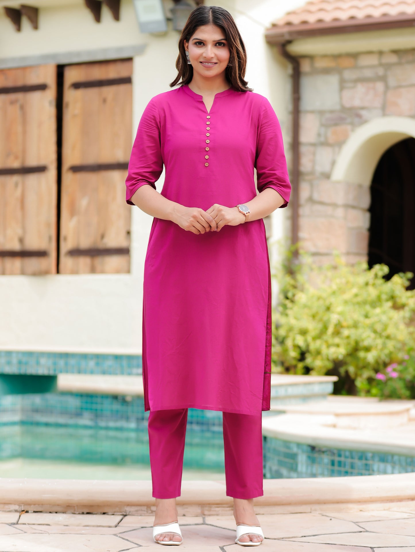 Viscose Solid Straight Pink Kurta