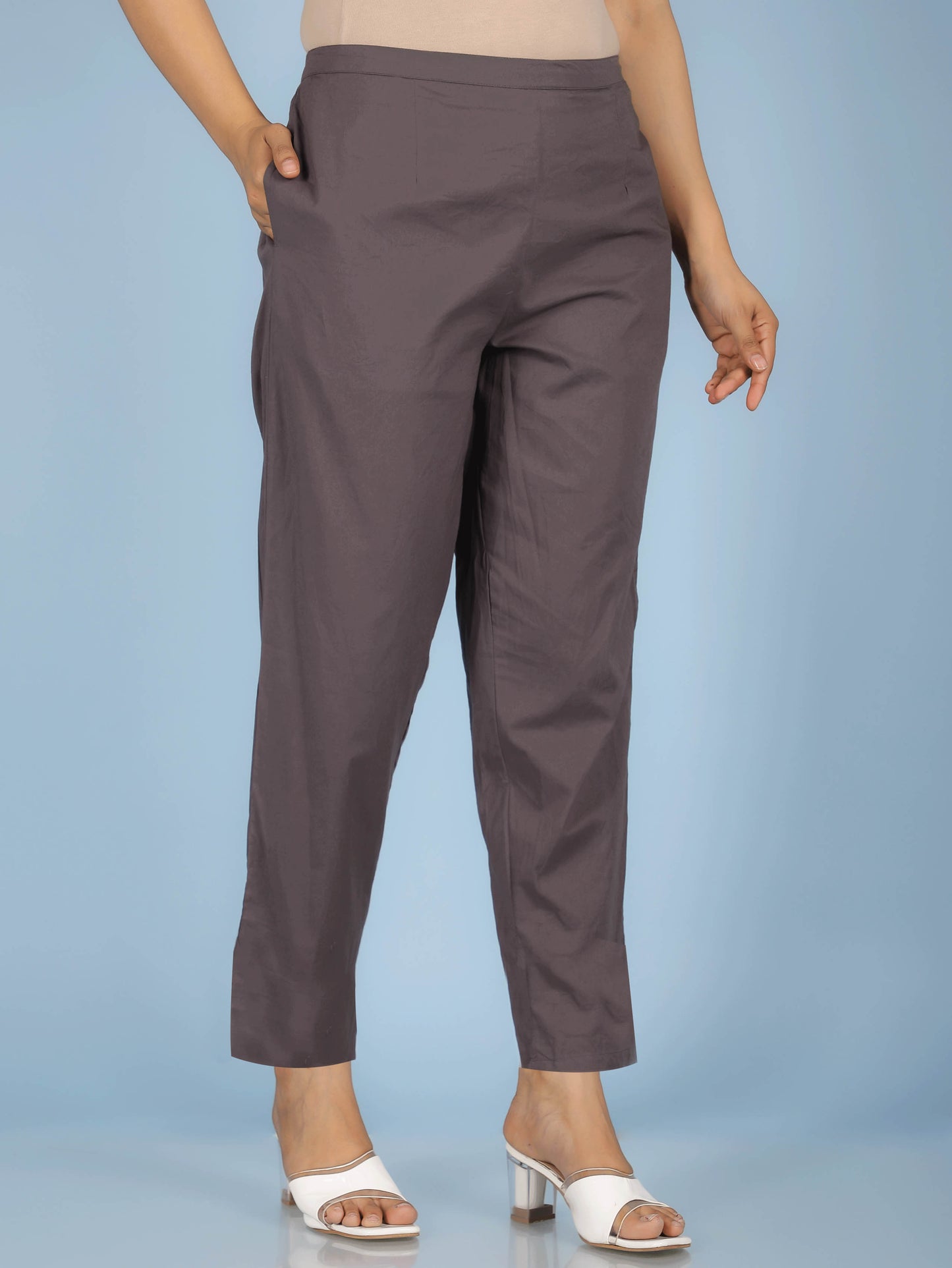 Soft Cotton Solid Grey Tapered Trousers