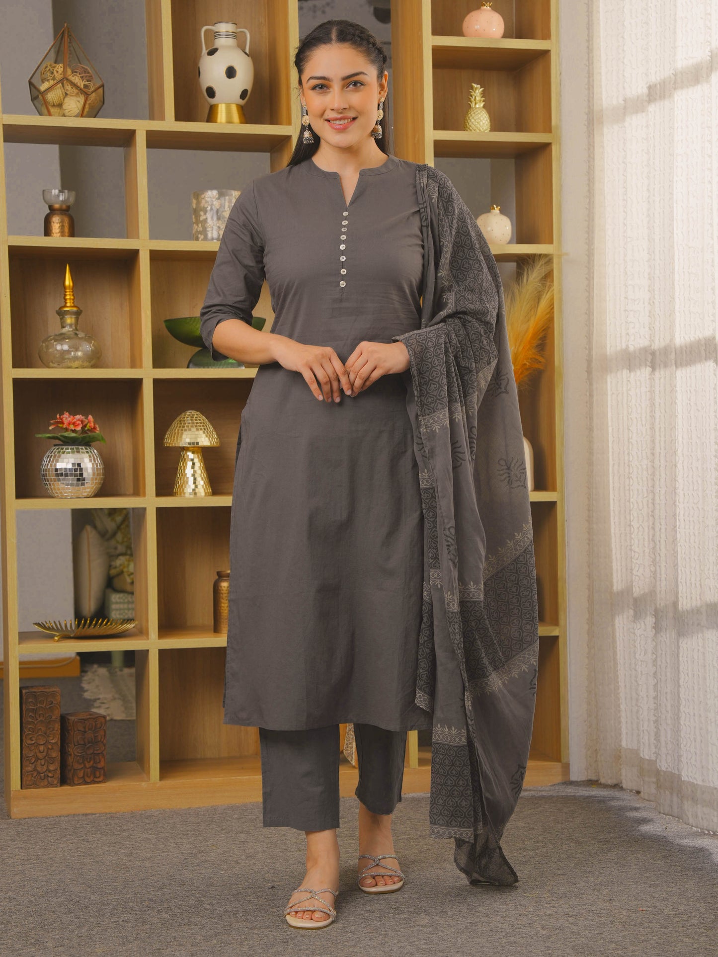 Cotton Voile Block Print Grey Dupatta