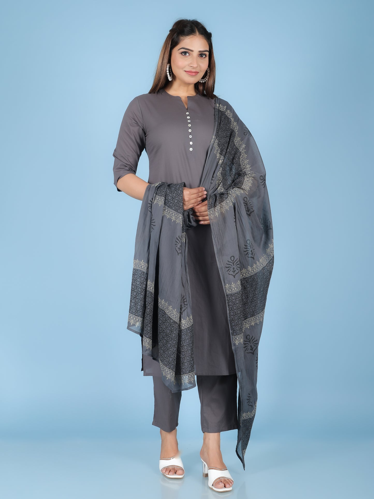 Cotton Voile Block Print Grey Dupatta