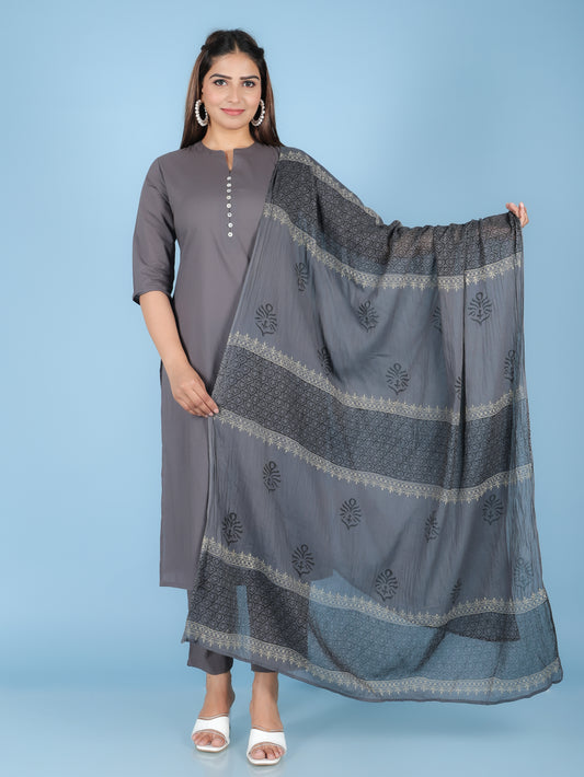 Cotton Voile Block Print Grey Dupatta