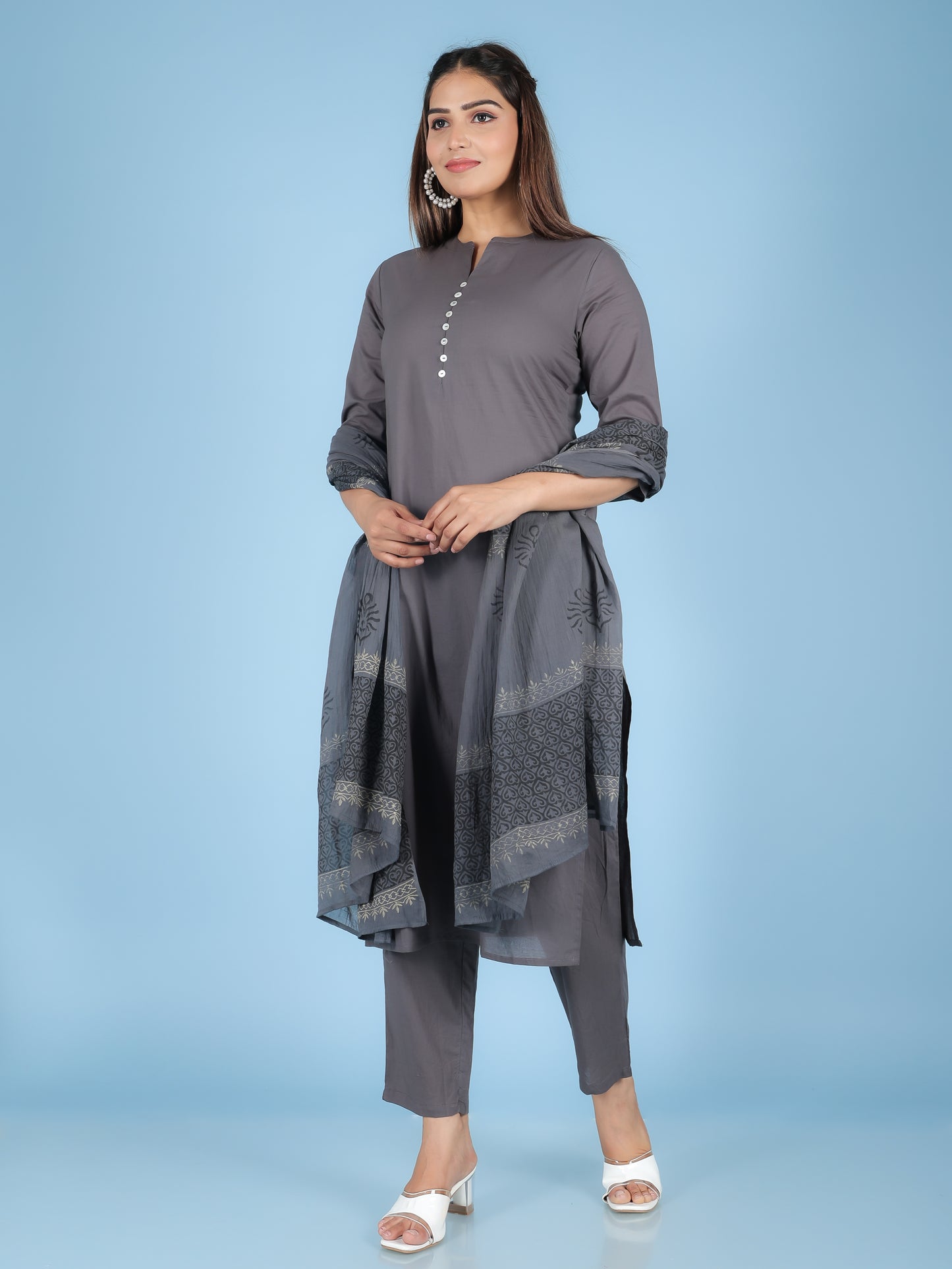 Cotton Voile Block Print Grey Dupatta